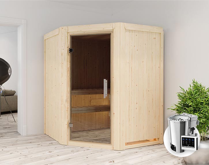 Karibu Innensauna Nanja + 3,6kW Plug&Play Bio-Kombiofen + externe Steuerung - 68mm Elementsauna - Ganzglastür graphit - Ecksauna - 230V Sauna