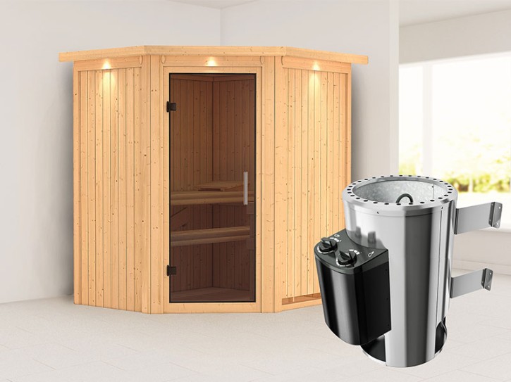 Karibu Innensauna Tonja + Dachkranz + 3,6kW Plug&Play Saunaofen + integrierte Steuerung - 68mm Elementsauna - Ganzglastür graphit - Ecksauna - 230V Sauna
