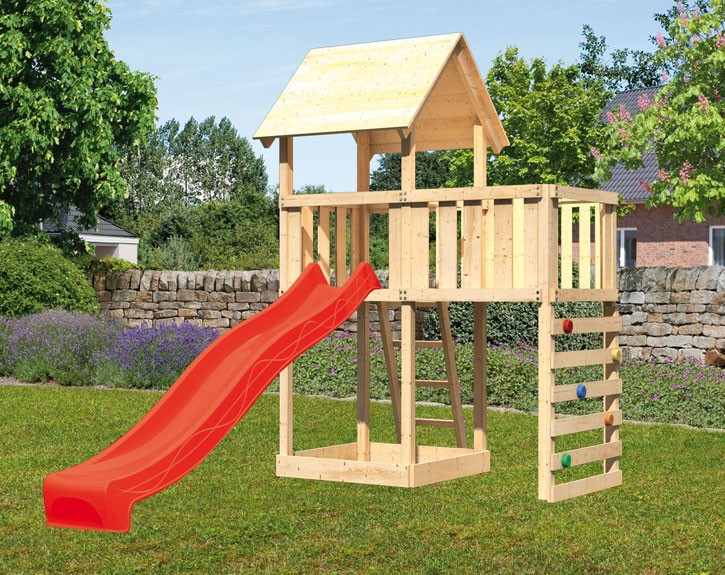 Akubi Spielturm Lotti + Rutsche rot + Anbauplattform + Kletterwand