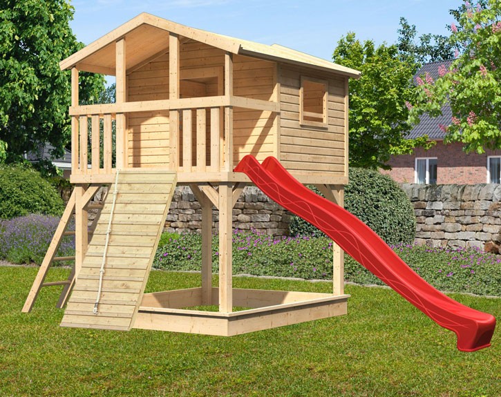 Akubi Stelzenhaus Benjamin + Rutsche rot + Holzrampe - natur