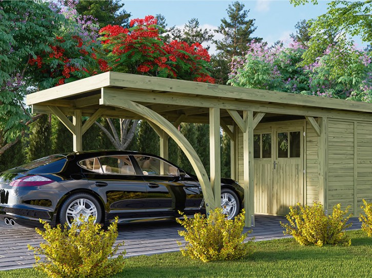Karibu Einzelcarport Classic 2B + Einfahrtsbogen - Holz-Carport - 11,5cm Pfosten - Stahl-Dach