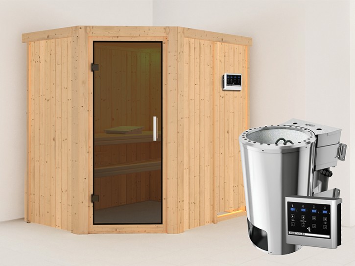 Karibu Innensauna Saja + 3,6kW Plug&Play Bio-Kombiofen + externe Steuerung Easy Bio - 68mm Elementsauna - Ganzglastür graphit - 230V Sauna - Ecksauna