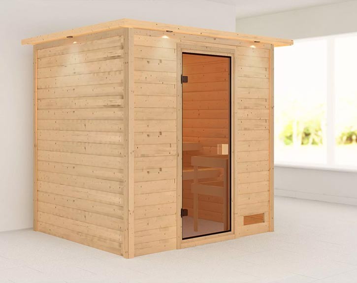 Karibu Innensauna Adelina + Dachkranz - 38mm Blockbohlensauna - niedrige Deckenhöhe