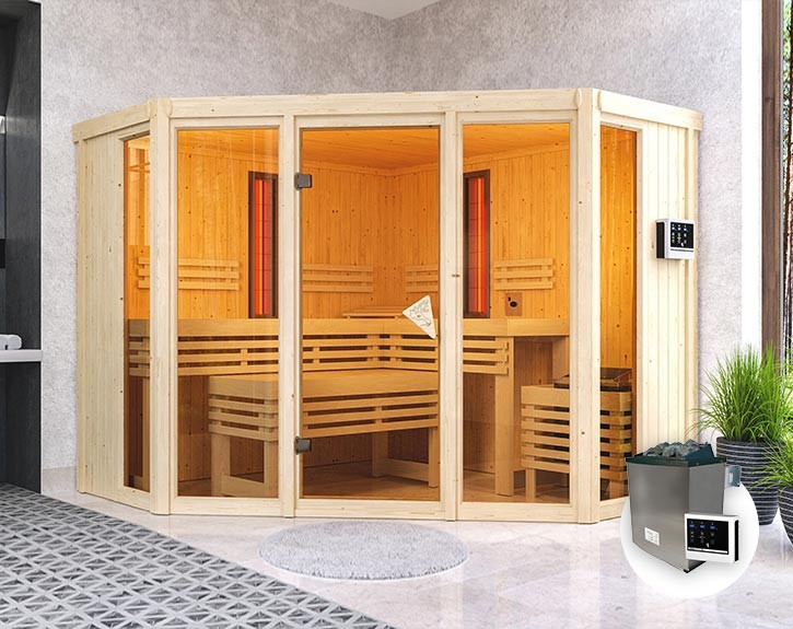 Karibu Innensauna Asta + 9kW Saunaofen + 2 Infrarotstrahler - 68mm Elementsauna - Ecksauna - Kombisauna - Glasfront