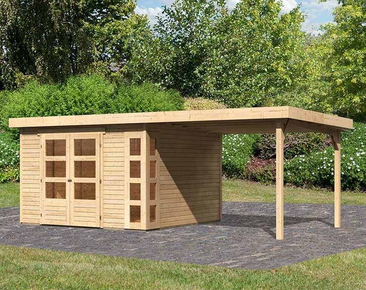 Karibu Holz-Gartenhaus Kerko 6 + 2,8m Anbaudach - 19mm Elementhaus - Flachdach - natur