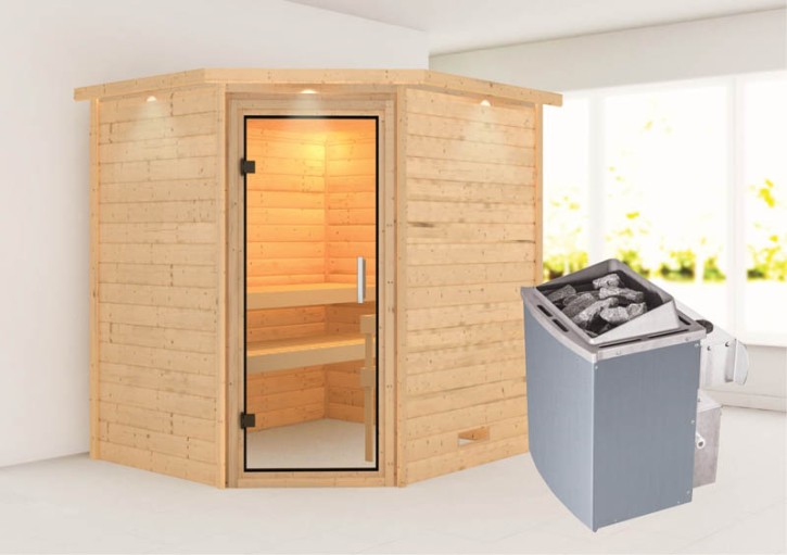 Karibu Innensauna Mia + Dachkranz + 4,5kW Saunaofen + integrierte Steuerung - 38mm Blockbohlensauna - Ganzglastür klar - Ecksauna