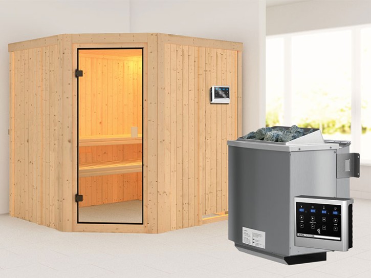 Karibu Innensauna Bodo + 4,5kW Bio-Kombiofen + externe Steuerung Easy bio - 68mm Elementsauna - Ecksauna