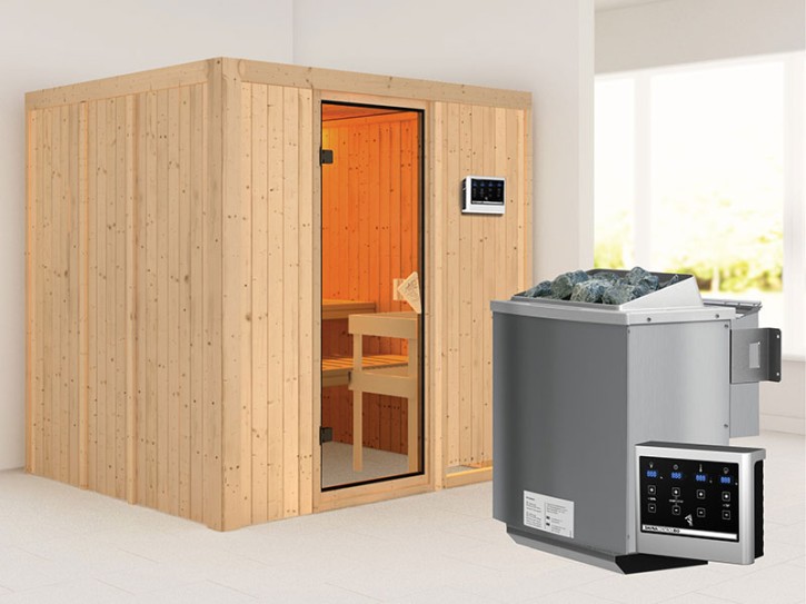 Karibu Innensauna Sodin + 4,5kW Bio-Kombiofen + externe Steuerung Easy bio - 68mm Elementsauna - Ganzglastür bronziert