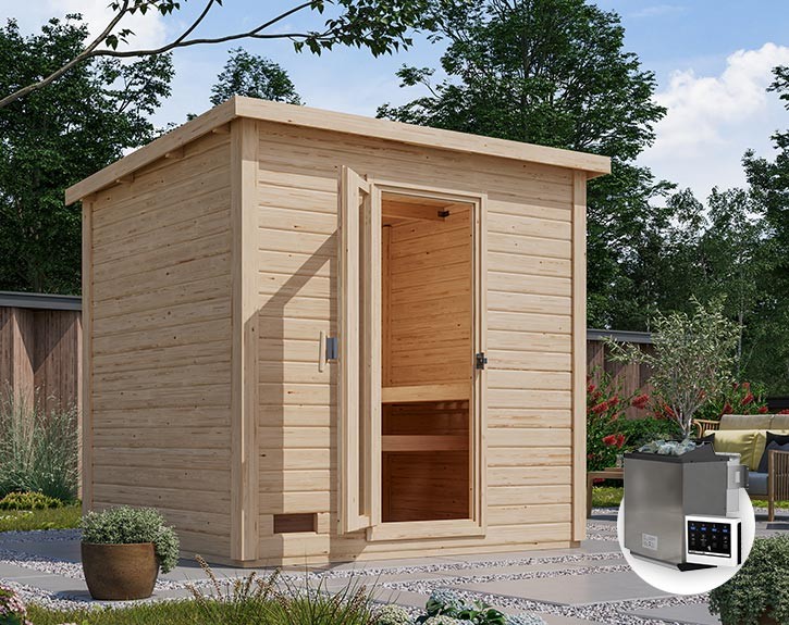 Karibu Gartensauna Hytti 3 + 9kW Bio-Kombiofen + externe Steuerung - 38mm Saunahaus - Pultdach - Energiespartür - natur