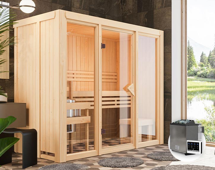 Karibu Innensauna Avari 2 + Glasfront + Superior-Ausstattung + 9kW Bio-Kombiofen + externe Steuerung - 68mm Systemsauna