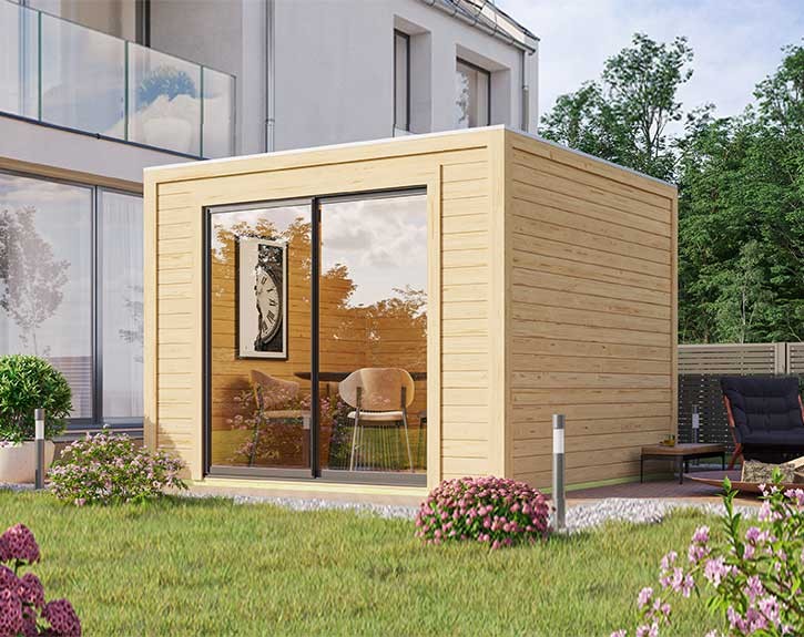 Karibu Holz Gartenhaus Dice 1 - 28mm Elementhaus - Gartenhaus Lounge - Flachdach - natur