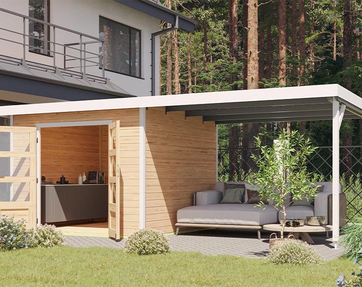 Karibu Hybrid-Gartenhaus Pluto A + 3m Anbaudach - 28mm Elementhaus - Gartenhaus Lounge - Flachdach - natur/weiß
