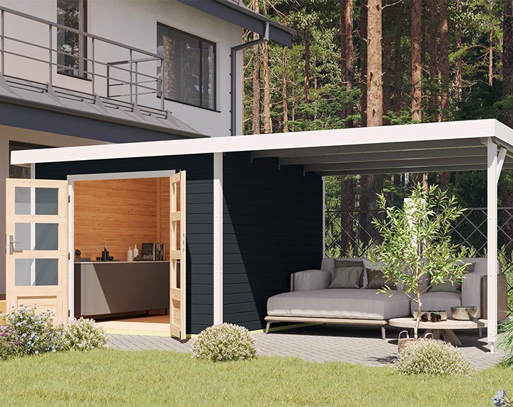 Karibu Hybrid-Gartenhaus Pluto C + 3m Anbaudach - 28mm Elementhaus - Gartenhaus Lounge - Flachdach - anthrazit/weiß
