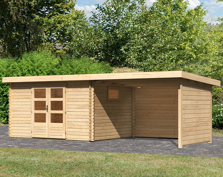 Karibu Holz-Gartenhaus Trittau 4 + 3,3m Anbaudach + Rückwand + Seitenwand - 38mm Blockbohlenhaus - Gartenhaus Lounge - Pultdach - natur