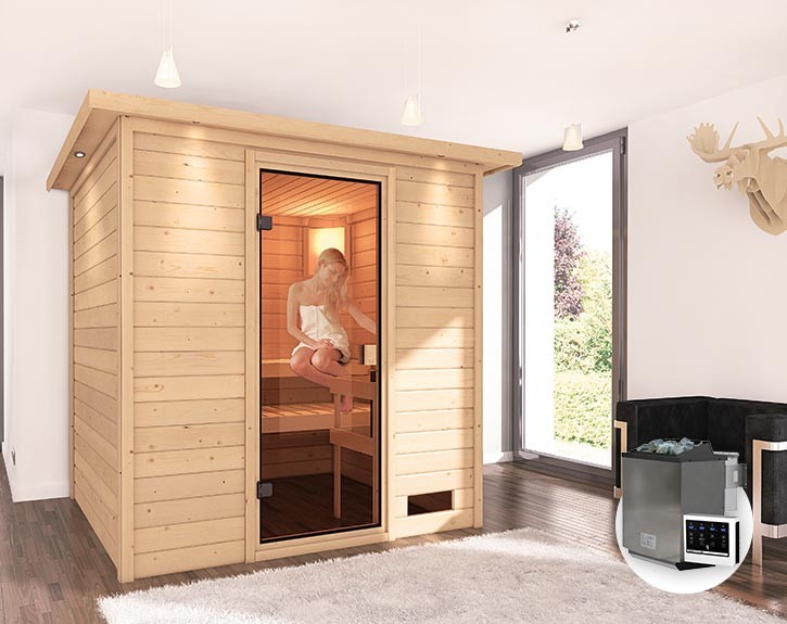 Karibu Innensauna Anja + Dachkranz + 9kW Bio-Kombiofen + externe Steuerung Easy bio - 38mm Blockbohlensauna - Ganzglastür bronziert