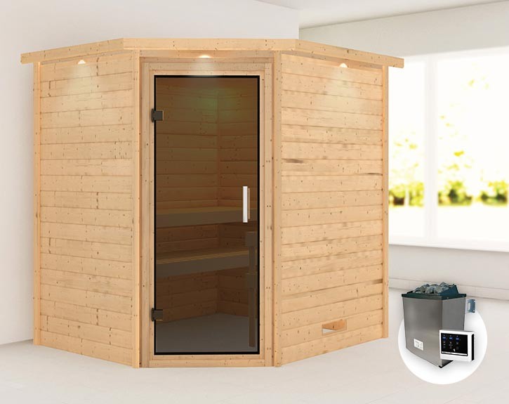 Karibu Innensauna Mia + Dachkranz + 9kW Saunaofen + externe Steuerung - 38mm Blockbohlensauna - Ganzglastür graphit - Ecksauna