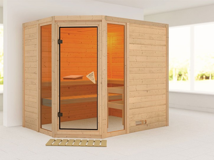 Karibu Innensauna Sinai 3 + 2 Fenster + Comfort-Ausstattung - 40mm Blockbohlensauna - Ganzglastür bronziert - Ecksauna