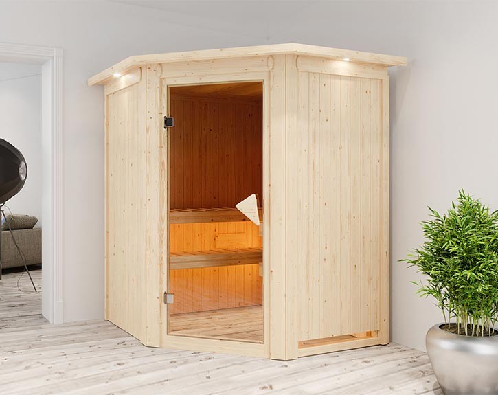 Karibu Innensauna Nanja + Dachkranz - 68mm Elementsauna - Ganzglastür bronziert - Ecksauna - 230V Sauna