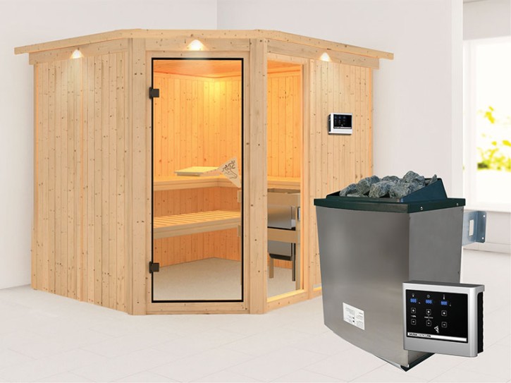 Karibu Innensauna Fiona 3 + Dachkranz + Fenster + 9kW Saunaofen + externe Steuerung Easy - 68mm Elementsauna - Ganzglastür bronziert - Ecksauna