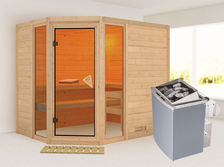Karibu Innensauna Sinai 3 + 2 Fenster + Comfort-Ausstattung + 9kW Saunaofen + integrierte Steuerung - 40mm Blockbohlensauna - Ganzglastür bronziert - Ecksauna