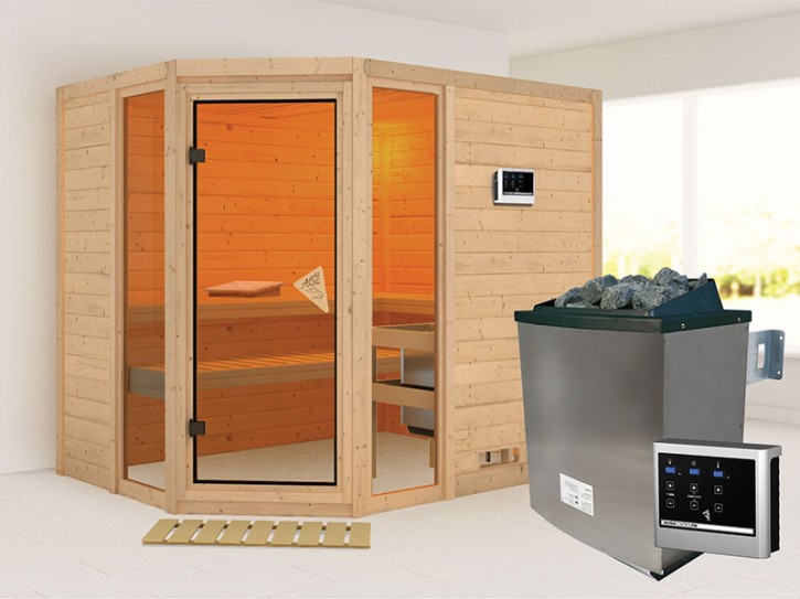 Karibu Innensauna Sinai 3 + 2 Fenster + Comfort-Ausstattung + 9kW Saunaofen + externe Steuerung Easy - 40mm Blockbohlensauna - Ganzglastür bronziert - Ecksauna