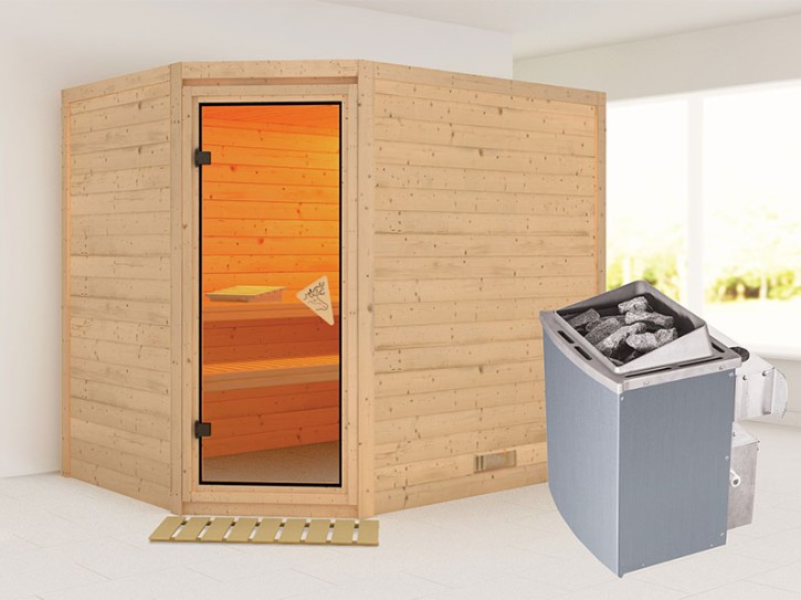 Karibu Innensauna Tanami + Comfort-Ausstattung + 9kW Saunaofen + integrierte Steuerung - 40mm Massivholzsauna - Ganzglastür bronziert - Ecksauna