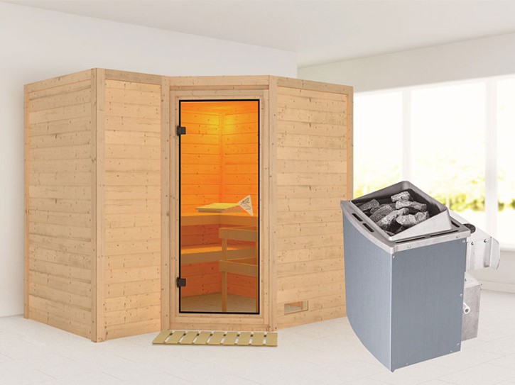 Karibu Innensauna Sahib 2 + Comfort-Ausstattung + 9kW Saunaofen + integrierte Steuerung - 40mm Blockbohlensauna - Ganzglastür bronziert - Ecksauna