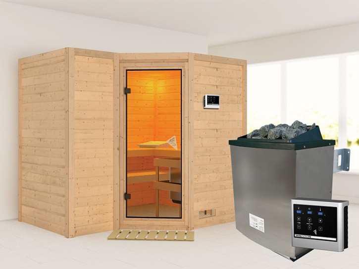 Karibu Innensauna Sahib 2 + Comfort-Ausstattung + 9kW Saunaofen + externe Steuerung Easy - 40mm Blockbohlensauna - Ganzglastür bronziert - Ecksauna