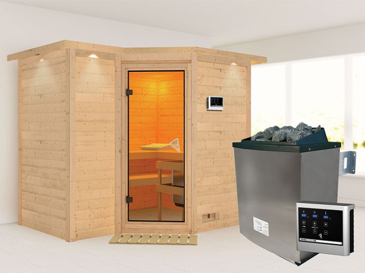 Karibu Innensauna Sahib 2 + Comfort-Ausstattung + Dachkranz + 9kW Saunaofen + externe Steuerung Easy - 40mm Blockbohlensauna - Ganzglastür bronziert - Ecksauna