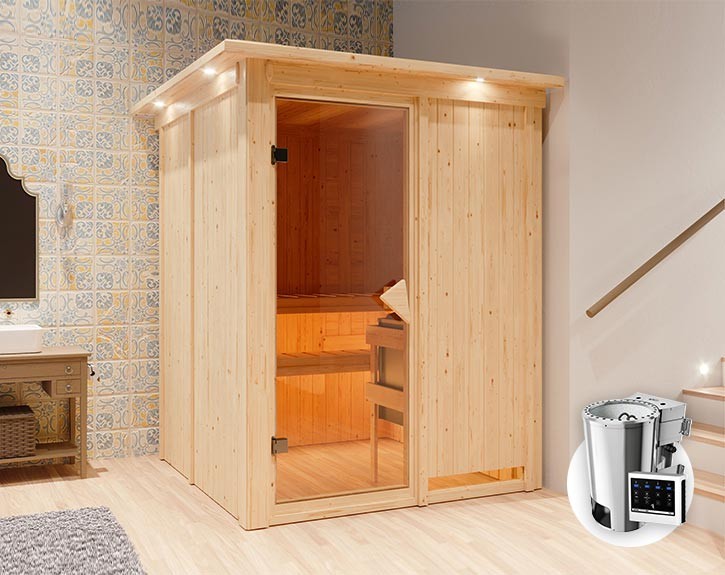 Karibu Innensauna Minja + Dachkranz + 3,6kW Plug&Play Bio-Kombiofen + externe Steuerung - 68mm Elementsauna - Ganzglastür bronziert - 230V Sauna