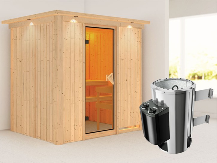 Karibu Innensauna Fanja + Dachkranz + 3,6kW Plug&Play Saunaofen + integrierte Steuerung - 68mm Elementsauna - Ganzglastür bronziert - 230V Sauna