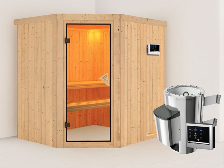 Karibu Innensauna Lilja + 3,6kW Plug&Play Saunaofen + externe Steuerung Easy - 68mm Elementsauna - Ganzglastür bronziert - 230V Sauna - Ecksauna