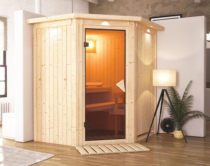 Karibu Innensauna Tonja + Dachkranz - 68mm Elementsauna - Ganzglastür bronziert - Ecksauna - 230V Sauna