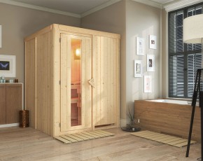 Karibu Innensauna Norin + 9kW Saunaofen + externe Steuerung - 68mm Systemsauna - Energiespartür