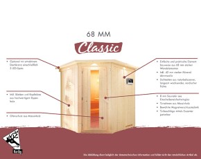 Karibu Innensauna Larin + Dachkranz + 9kW Saunaofen + externe Steuerung - 68mm Elementsauna - Ganzglastür graphit - Ecksauna