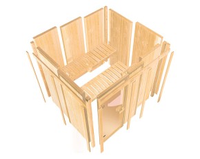 Karibu Innensauna Sodin + 9kW Saunaofen + externe Steuerung - 68mm Elementsauna - Ganzglastür graphit