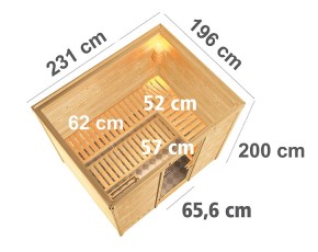Karibu Innensauna Sonara + Comfort-Ausstattung - 38mm Massivholzsauna - Ganzglastür klar