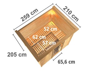 Karibu Innensauna Sonara + Comfort-Ausstattung + Dachkranz + 9kW Saunaofen + externe Steuerung - 38mm Massivholzsauna - Ganzglastür klar