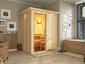 Karibu Innensauna Minja + Dachkranz - 68mm Elementsauna - Ganzglastür klar - 230V Sauna