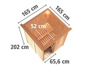 Karibu Innensauna Minja + Dachkranz + 3,6kW Plug&Play Saunaofen + externe Steuerung - 68mm Elementsauna - Ganzglastür klar - 230V Sauna