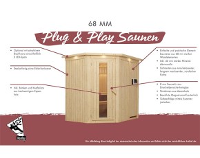 Karibu Innensauna Nanja + 3,6kW Plug&Play Saunaofen + integrierte Steuerung - 68mm Elementsauna - Ganzglastür graphit - Ecksauna - 230V Sauna