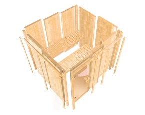 Karibu Innensauna Nanja + 3,6kW Plug&Play Bio-Kombiofen + externe Steuerung - 68mm Elementsauna - Ganzglastür graphit - Ecksauna - 230V Sauna