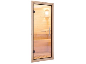 Karibu Innensauna Nanja + Dachkranz + 3,6kW Plug&Play Saunaofen + externe Steuerung Easy - 68mm Elementsauna Nanja - Ganzglastür klar - Ecksauna - 230V Sauna