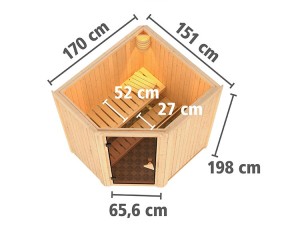 Karibu Innensauna Tonja + 3,6kW Plug&Play Saunaofen + externe Steuerung - 68mm Elementsauna - Ganzglastür graphit - Ecksauna - 230V Sauna