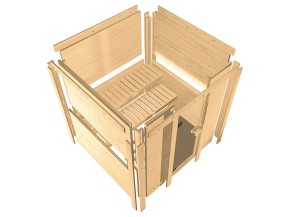 Karibu Innensauna Tonja + Dachkranz + 3,6kW Plug&Play Saunaofen + integrierte Steuerung - 68mm Elementsauna - Ganzglastür graphit - Ecksauna - 230V Sauna