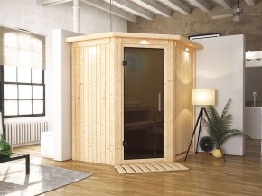 Karibu Innensauna Tonja + Dachkranz + 3,6kW Plug&Play Saunaofen + integrierte Steuerung - 68mm Elementsauna - Ganzglastür graphit - Ecksauna - 230V Sauna