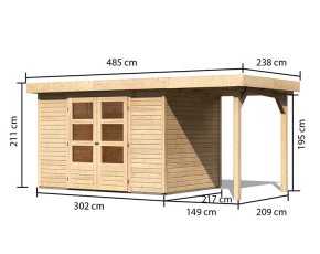 Karibu Holz-Gartenhaus Askola 4 + 1,5m Anbaudach - 19mm Elementhaus - Flachdach - natur