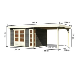 Karibu Holz-Gartenhaus Kerko 6 + 2,4m Anbaudach - 19mm Elementhaus - Flachdach - terragrau