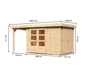 Karibu Holz-Gartenhaus Retola 2 + Anbauschrank + 1,5m Anbaudach - 19mm Elementhaus - Flachdach - natur
