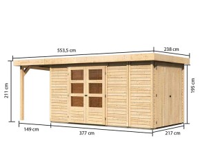 Karibu Holz-Gartenhaus Retola 5 + Anbauschrank + 1,5m Anbaudach - 19mm Elementhaus - Flachdach - natur